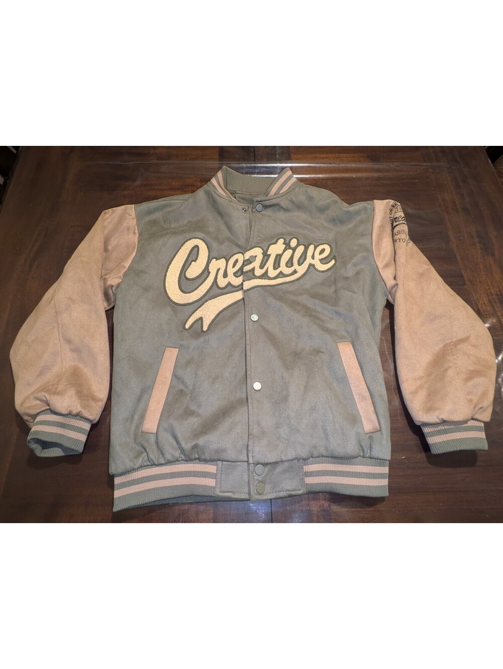 Creative varsity jacket olive and tan size M